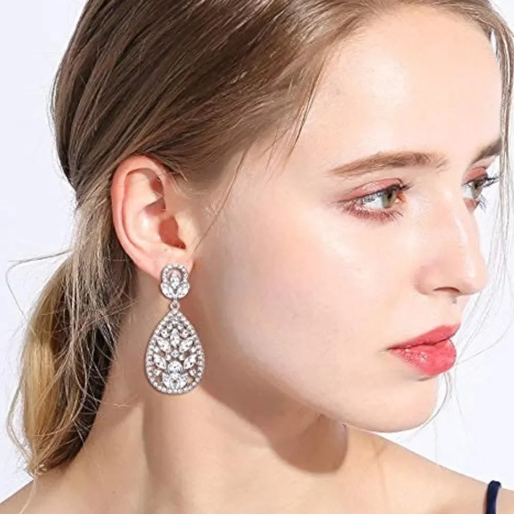 Silver with White Diamond Austrian Crystal Teardrop Chandelier Post Earrings